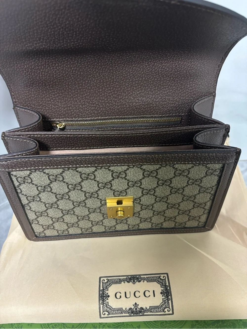 Beige GG Gucci Supreme Top Handle Satchel with Brown Trim and Green-Red Stripe
